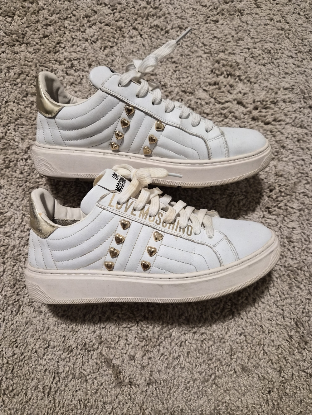 Love Moschino White Sneakers with Gold Heart Studs